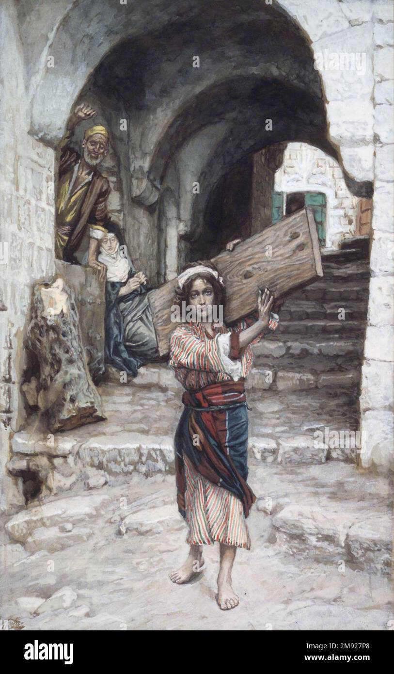 The Youth of Jesus (Jeunesse de Jésus) James Tissot (French, 1836-1902). The Youth of Jesus (Jeunesse de Jésus), 1886-1894. Opaque watercolor over graphite on gray wove paper, Image: 8 13/16 x 5 9/16 in. (22.4 x 14.1 cm).  Although the Gospels are silent on the years between Christ’s childhood and his ministry—providing no specific indication of his training or education—Tissot adheres to tradition and depicts Jesus as a faithful son to his earthly father, assisting Joseph with the work of the carpentry shop. In his commentary, Tissot spurned apocryphal legends of wondrous doings by the Christ Stock Photo