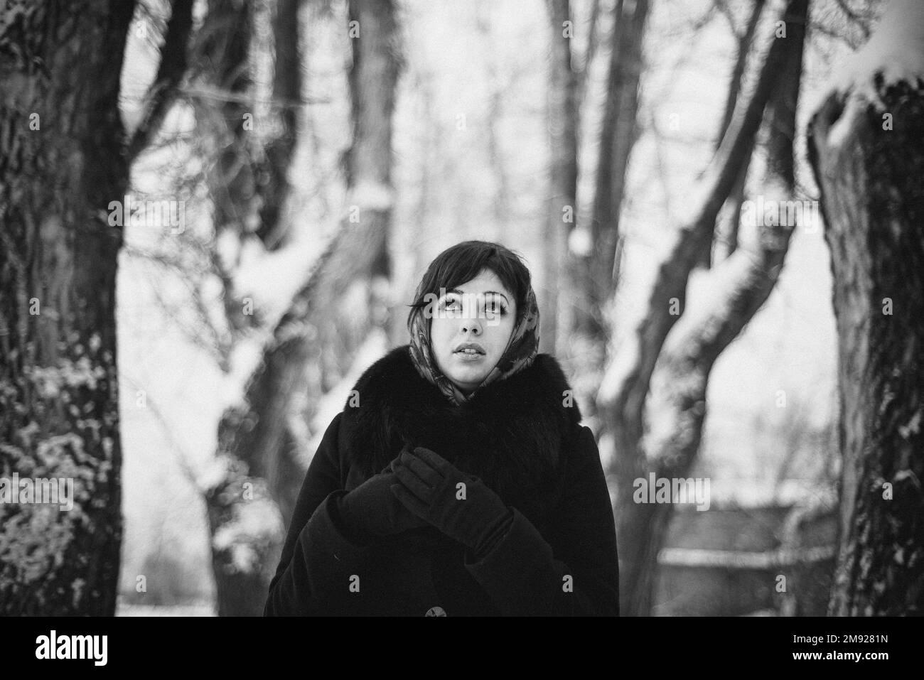 black and white portrait of a girl in a shawl in the winter in the woods Stock Photo