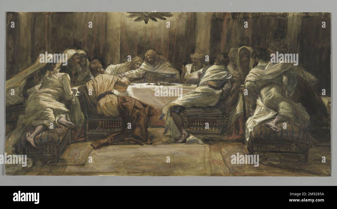 The Last Supper: Judas Dipping his Hand in the Dish (La Céne. Judas met la main dans le plat) James Tissot (French, 1836-1902). The Last Supper: Judas Dipping his Hand in the Dish (La Céne. Judas met la main dans le plat), 1886-1894. Opaque watercolor over graphite on gray wove paper, Image: 9 3/4 x 19 3/8 in. (24.8 x 49.2 cm).  For the Passover feast, the apostles (dressed in traveling clothes, like the Jews of the Old Testament book of Exodus, Tissot explains) meet in a room decorated with garlands. During the meal, Jesus reveals that he will be betrayed by one of his disciples; many of them Stock Photo