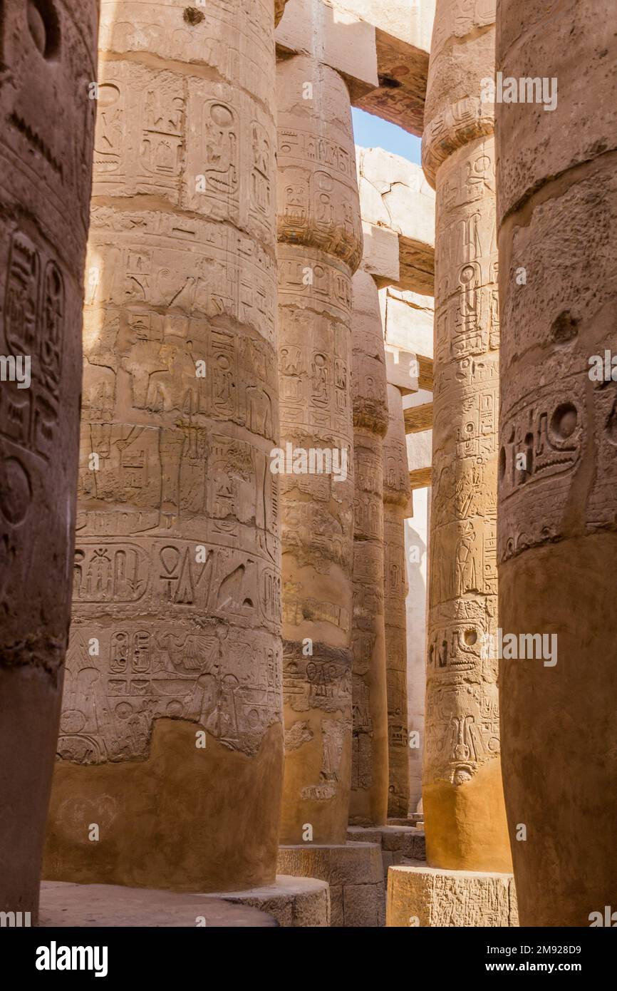 Decorated columns of the Great Hypostyle Hall in the Amun Temple ...