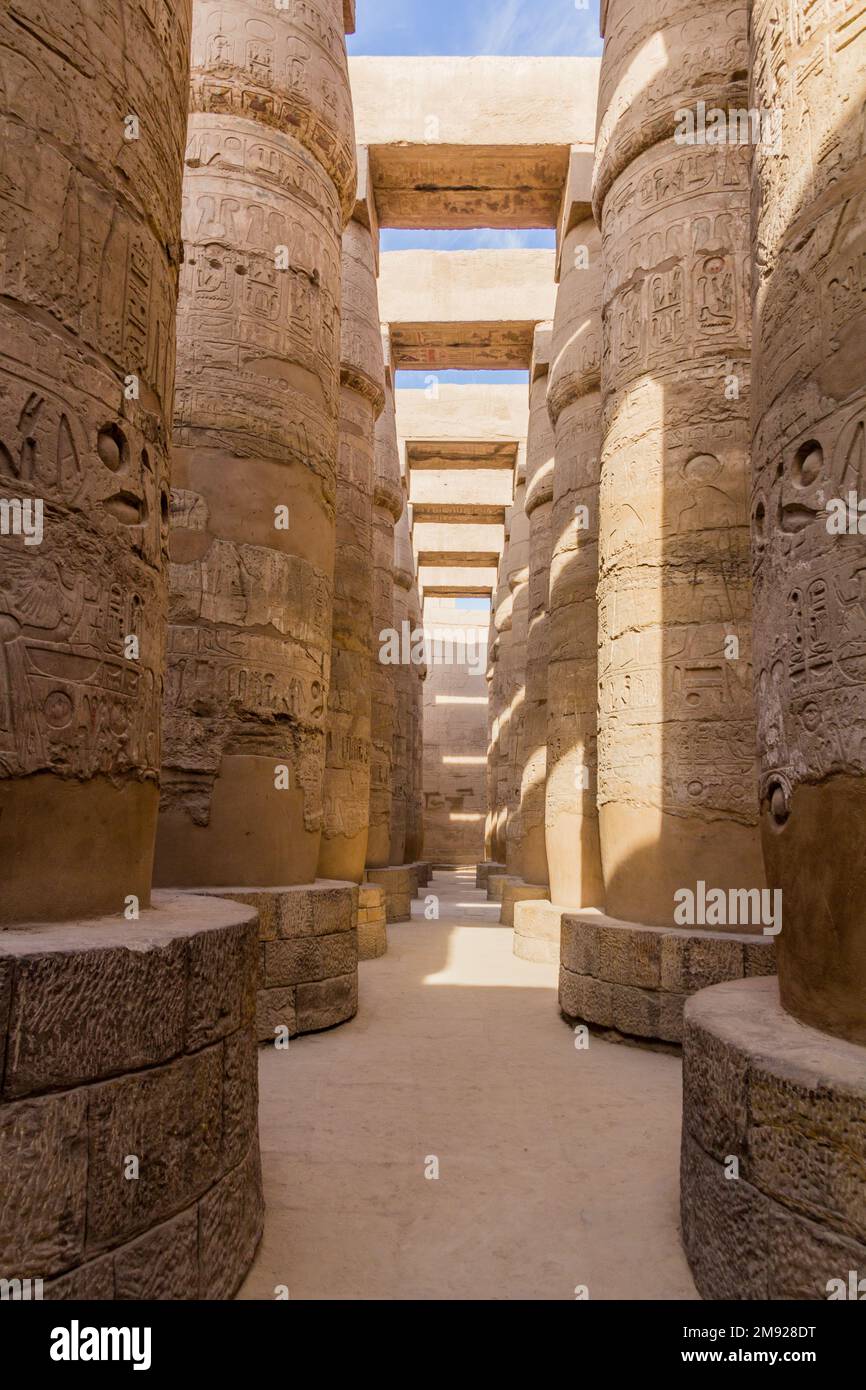 Decorated columns of the Great Hypostyle Hall in the Amun Temple ...