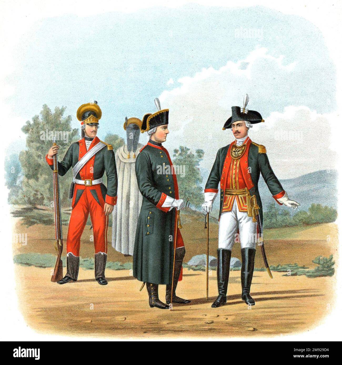 Moscow Grenadier Regiment. 1790-1796. Grenadier in dress uniform, grenadier in overcoat, staff officer in frock coat, staff officer in dress uniform. ca.  printed before 1890 Stock Photo