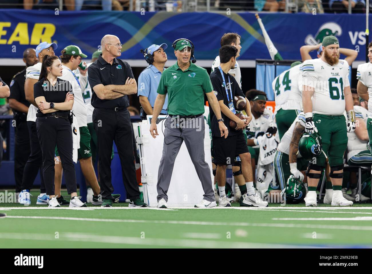Tulane Green Wave head coach Willie Fritz walks the sideline late in the fourth quarter of the 87th Goodyear Cotton Bowl Classic at AT&T Stadium on Mo Stock Photo
