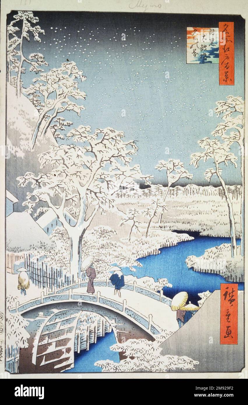 Meguro Drum Bridge and Sunset Hill, No. 111 from One Hundred Famous Views of Edo Utagawa Hiroshige (Ando) (Japanese, 1797-1858). Meguro Drum Bridge and Sunset Hill, No. 111 from One Hundred Famous Views of Edo, 4th month of 1857. Woodblock print, Sheet: 14 3/16 x 9 1/4 in. (36 x 23.5 cm). Of the two attractions mentioned in the title, the Drum Bridge was the more celebrated site in the Meguro area. Arched bridges were unusual enough in Edo, but even more curious was a stone bridge, which offered few advantages in a city prone to earthquakes. Rounded forms and stone structures were more common Stock Photo