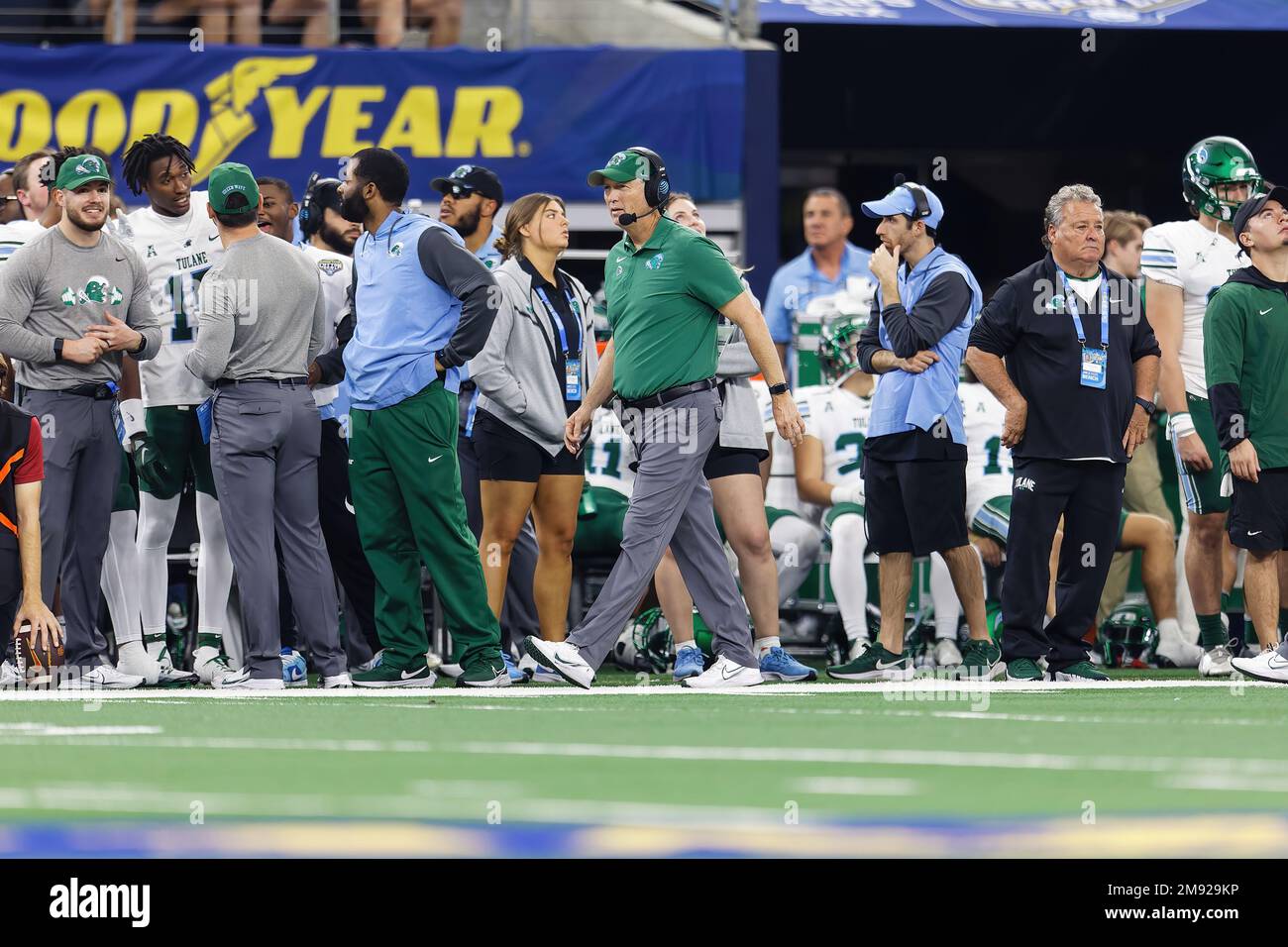 Tulane Green Wave head coach Willie Fritz walks the sideline late in the fourth quarter of the 87th Goodyear Cotton Bowl Classic at AT&T Stadium on Mo Stock Photo