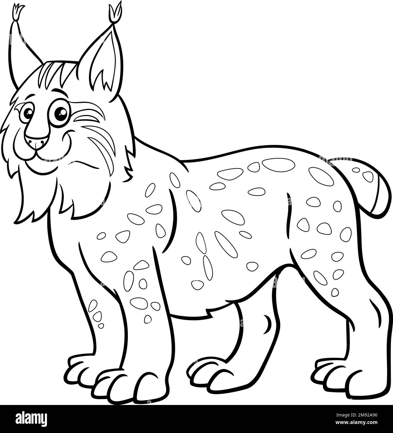Black and white cartoon illustration of funny lynx comic wild animal character coloring page Stock Vector