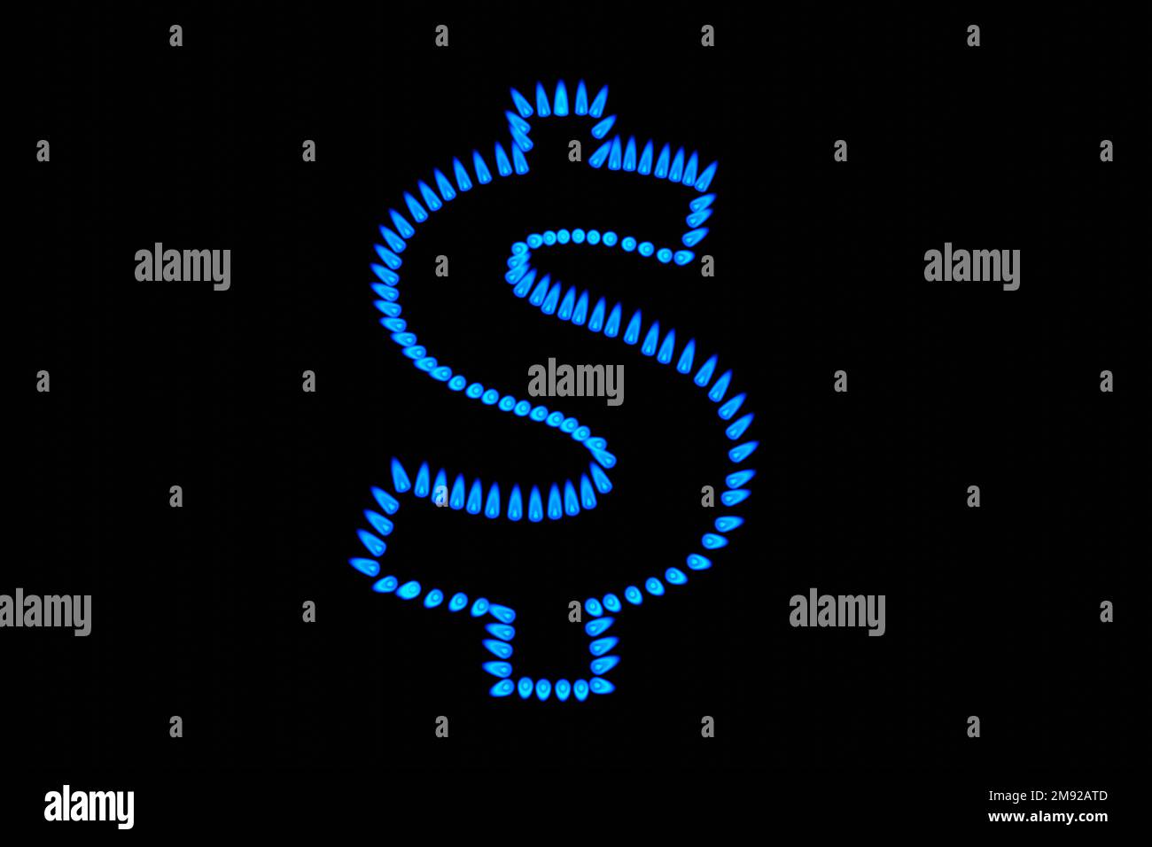 High temperature blue gas flame forms the dollar sign isolated on black