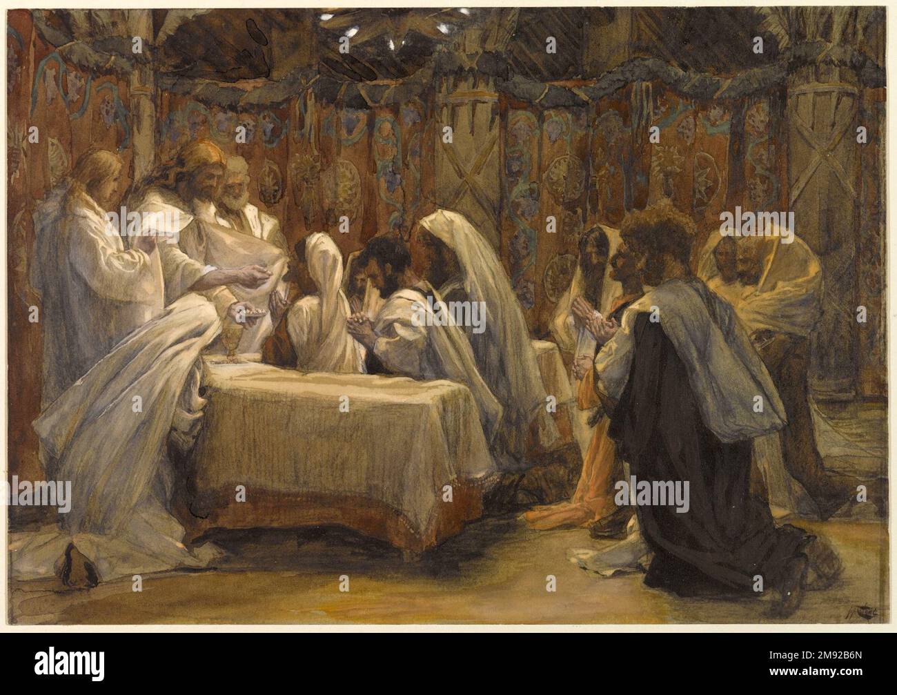 The Communion of the Apostles (La communion des apôtres) James Tissot (French, 1836-1902). The Communion of the Apostles (La communion des apôtres), 1886-1894. Opaque watercolor over graphite on gray wove paper, Image: 9 7/16 x 13 1/2 in. (24 x 34.3 cm).  Establishing the sacrament of Communion—in which the bread and wine of the Passover feast come to symbolize the body and blood of Christ—Jesus himself distributes the bread to each disciple, suggesting the intimacy each of them shared with him at this solemn moment. For the artist, this event marked not only the apostles’ liturgical initiatio Stock Photo