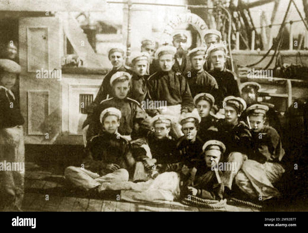 Midshipmen of the Imperial Naval School (graduated in 1884) in training navigation on the corvette Gilyak. In the center is Alexei Nikolaevich Krylov. First on the right is Konstantin Fedorovich Schultz, next to him is Ludwig Bernhardovich Kerber. ca.  1884 Stock Photo