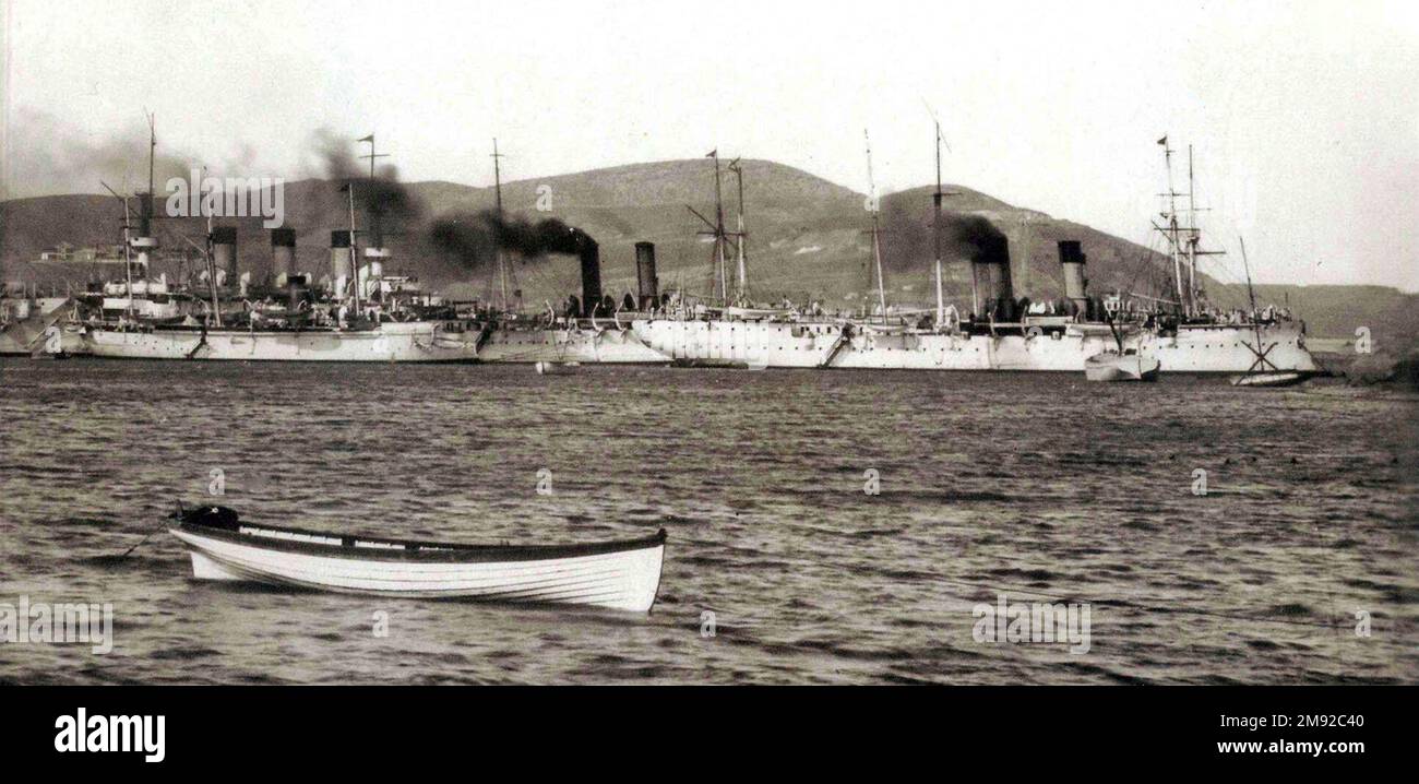 Imperial Russian minelaiyer Amur. Ships of the Pacific squadron on the inner roads of Port Arthur, on the right is the minelayer Amur, 1902-1903. Stock Photo