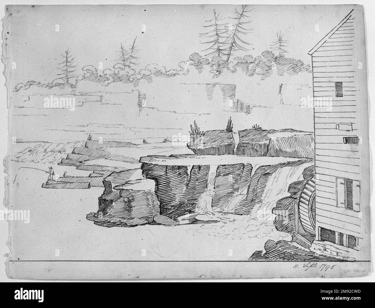 From the Mill Alexander Robertson (American, born Scotland, 1772-1841). From the Mill, September 11, 1796. Black ink on off-white, moderately thick, moderately textured laid paper, Sheet: 8 3/4 x 11 1/2 in. (22.2 x 29.2 cm).  In this drawing Alexander Robertson used a stylized graphic shorthand developed by his brother Archibald, who authored the first drawing manual published in the United States, Elements of the Graphic Arts (1802). The artist rendered leaves with looping strokes of his pen, created shading with parallel diagonal lines, and used lighter outlines for background motifs to indi Stock Photo