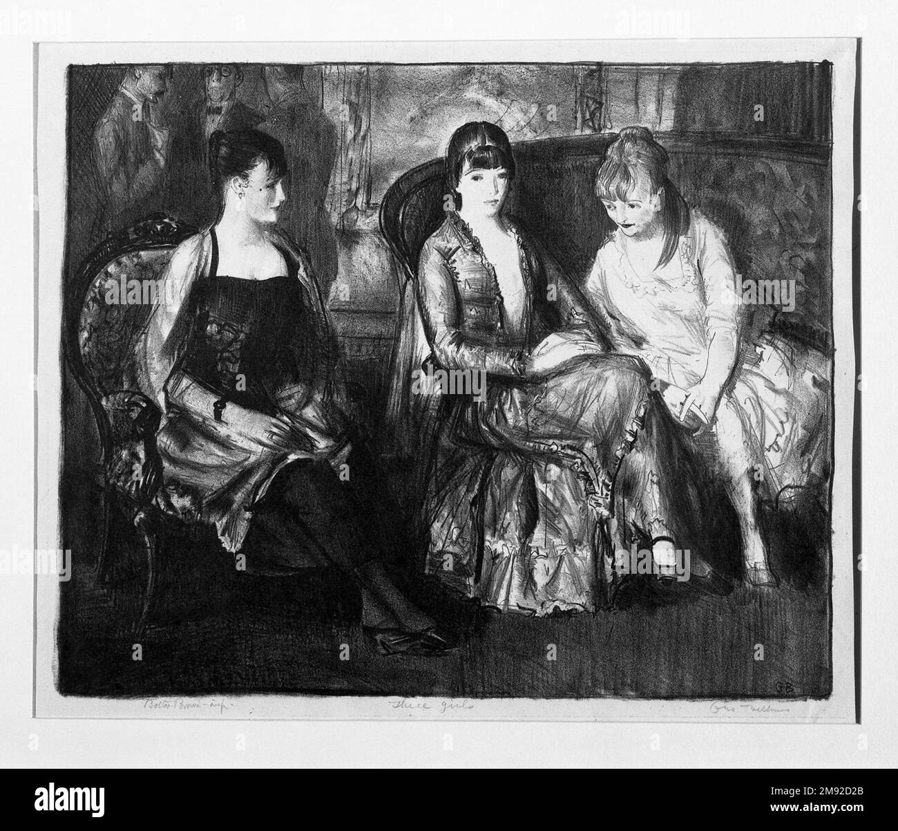 Elsie, Emma and Marjorie, Second Stone George Wesley Bellows (American, 1882-1925). , 1921. Lithograph on thin gray China paper, Sheet: 13 x 15 9/16 in. (33 x 39.5 cm).  Eugene and Elsie Speicher and Robert and Marjorie Henri were close friends of George and Emma Bellows’s and appear often in lithographs that Bellows made in 1921. Here the women enjoy an intimate conversation on the settee in the Bellowses’ sitting room, while the husbands converse in the background. One of the most talented of Henri’s students, Bellows quickly became a popular member of the Henri circle. Speicher (1883–1962) Stock Photo