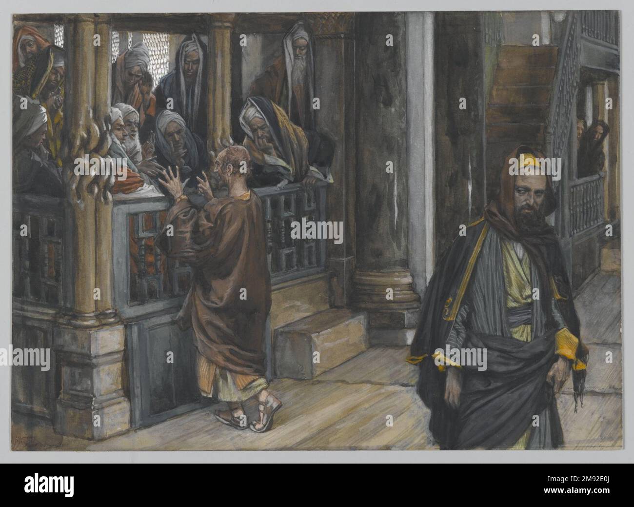 Judas Goes to Find the Jews (Judas va trouver les Juifs) James Tissot (French, 1836-1902). , 1886-1894. Opaque watercolor over graphite on gray wove paper, Image: 7 3/16 x 10 in. (18.3 x 25.4 cm).  In two short verses, Mark recounts the deal struck between Judas and the chief priests, who will give him money to betray Jesus. Here, Judas negotiates his fee (he is shown with his fingers raised). With his suspicious backward glance at the exchange between Judas and the priests, the unidentified foreground figure draws the viewer’s attention to the proceedings. European Art 1886-1894 Stock Photo