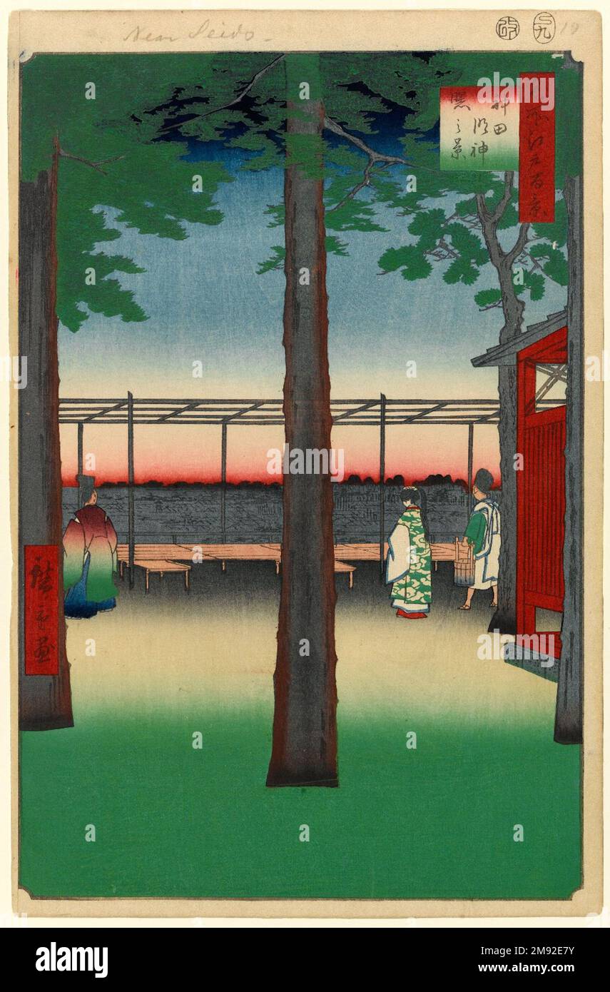 Dawn at Kanda Myojin Shrine, No. 10 in One Hundred Famous Views of Edo Utagawa Hiroshige (Ando) (Japanese, 1797-1858). , 9th month of 1857. Woodblock print, Image: 13 1/4 x 8 7/8 in. (33.7 x 22.5 cm).  For lyrical effect, Hiroshige often chose a quiet moment rather than a time of high activity. Here he offers a side view of Kanda Myōjin—the unofficial shrine of the citizenry of Edo—in the cool dawn, when the benches of the outdoor teahouse lie empty. Only a corner of the vermillion shrine building is visible. The three figures, all keepers of Kanda Myōjin, look out over the city, anticipating Stock Photo