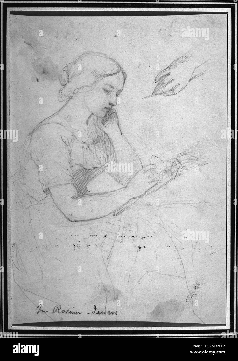 Woman Reading Daniel Huntington (American, 1816-1906). Woman Reading, ca. 1839-58. Graphite on wove paper, Sheet: 10 1/2 x 7 3/16 in. (26.7 x 18.3 cm).  In these two drawings, Daniel Huntington worked his way toward the final composition for his painting of an ideal figure subject titled The Sketcher: A Portrait of Mlle Rosina, a Jewess. Drawing directly from a model, he experimented with variations of the pose. The margins are filled with further studies for the placement of the hands. Pose and composition were Huntington’s primary concerns in his preparatory work. In the finished painting, h Stock Photo