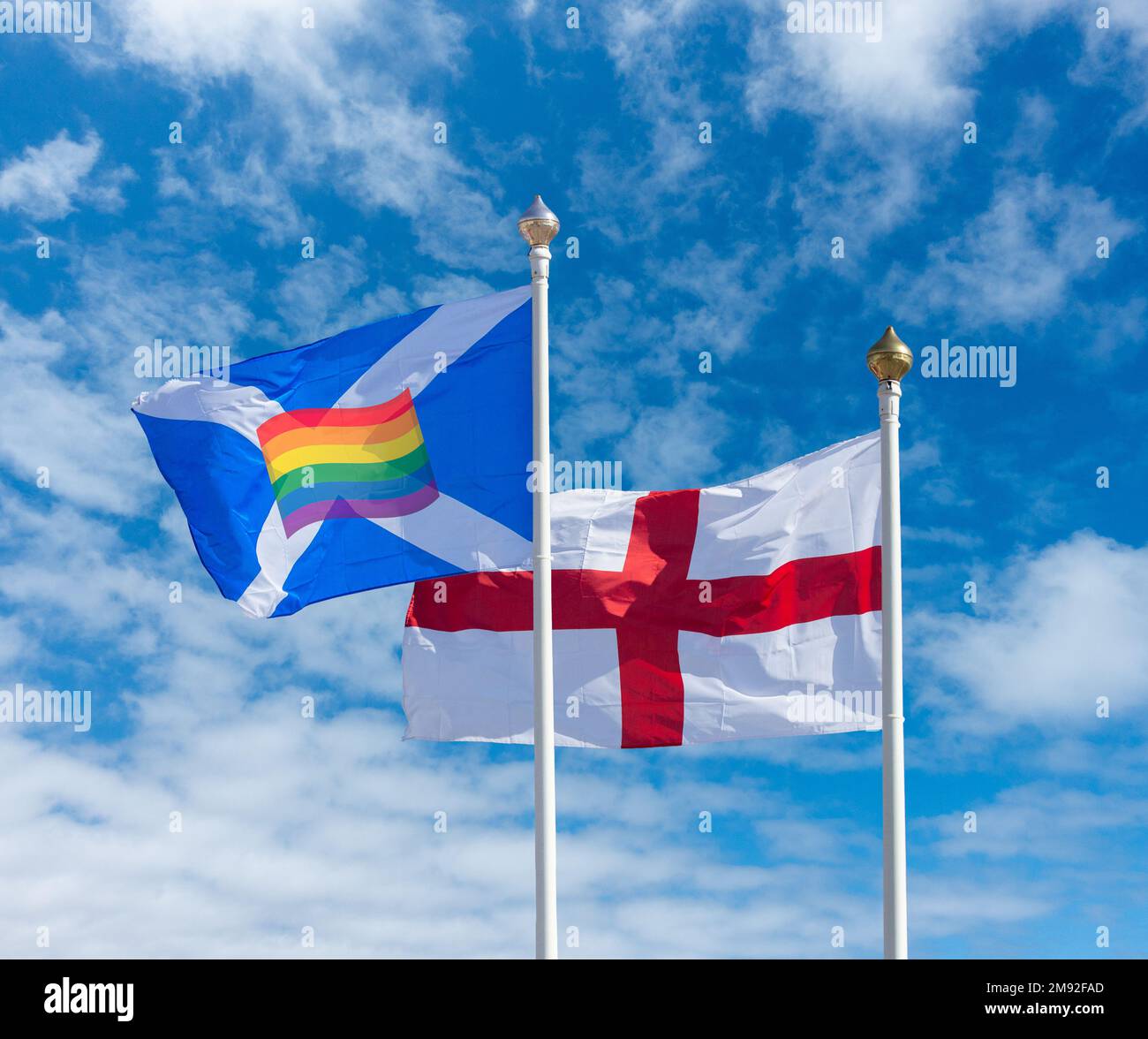 Flags of Scotland and England with rainbow flag. Gender recognition, male, female, self identification... Stock Photo