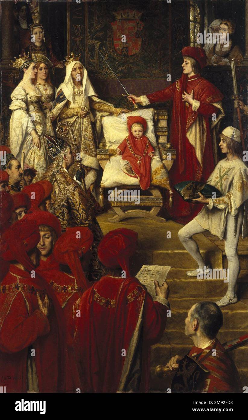 Philip I, the Handsome, Conferring the Order of the Golden Fleece on his Son Charles of Luxembourg (Philippe Ier le Beau, conférant à son fils Charles de Luxembourg le titre de Chevalier de l'Ordre de la Toison d'Or) Albrecht de Vriendt (Belgian, 1843-1900). , 1880. Oil on panel, 55 1/8 x 34 7/8 in. (140 x 88.6 cm).  For the fiftieth anniversary of Belgian independence, de Vriendt and other artists drew on events from the glorious past to forge a distinctive heritage and cultural identity for the fledgling nation. Here de Vriendt evokes the splendor of chivalric rites, setting a precedent of p Stock Photo