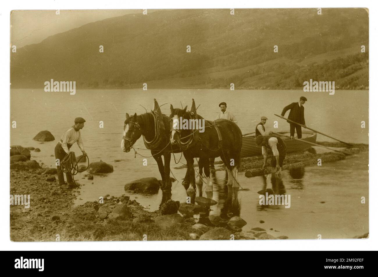 Original Edwardian era postcard of Country Scene,  agriculture /  lumberjacks, forestry workers with heavy horses logging along a lake, bringing logs into the shore. Postcard is published by E.A. Schwerdtfeger & Co London, EC. dated / posted 1912 possibly Cumbria, England,  U.K. Stock Photo