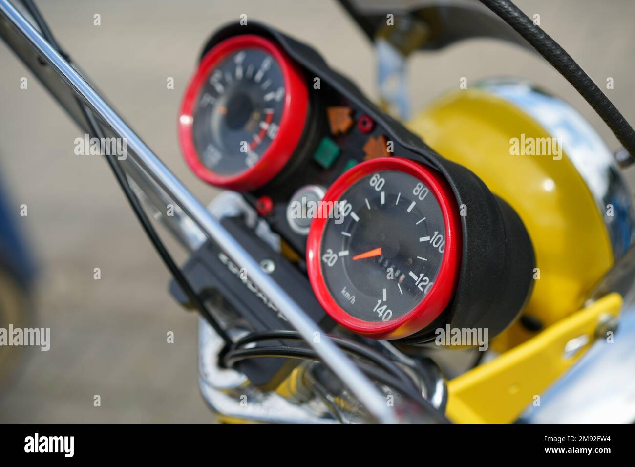 A close up shot of a sport bike dashboard with an analog speedometer tachometer odometer buttons Stock Photo Alamy