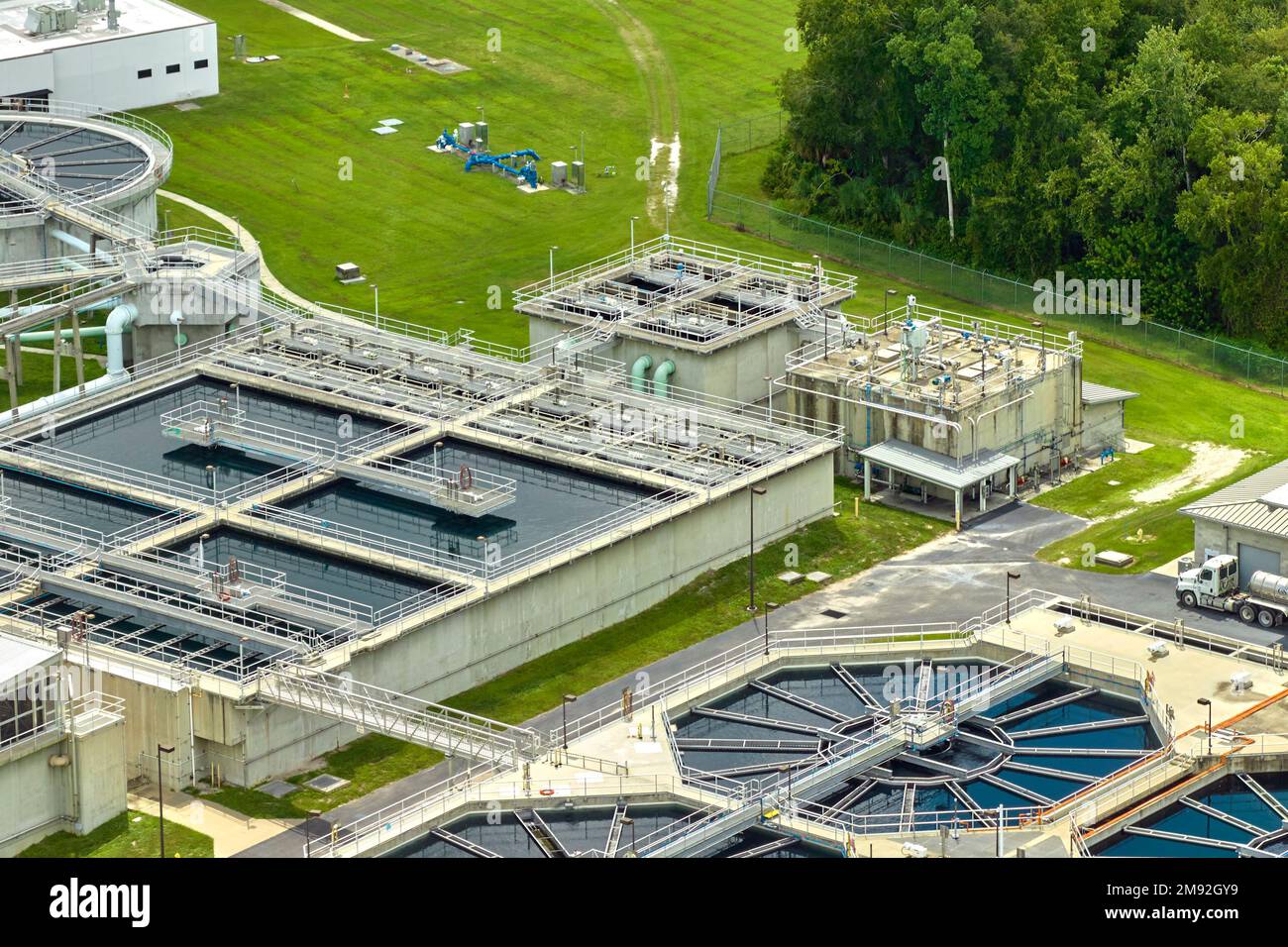 Aerial view of modern water cleaning facility at urban wastewater