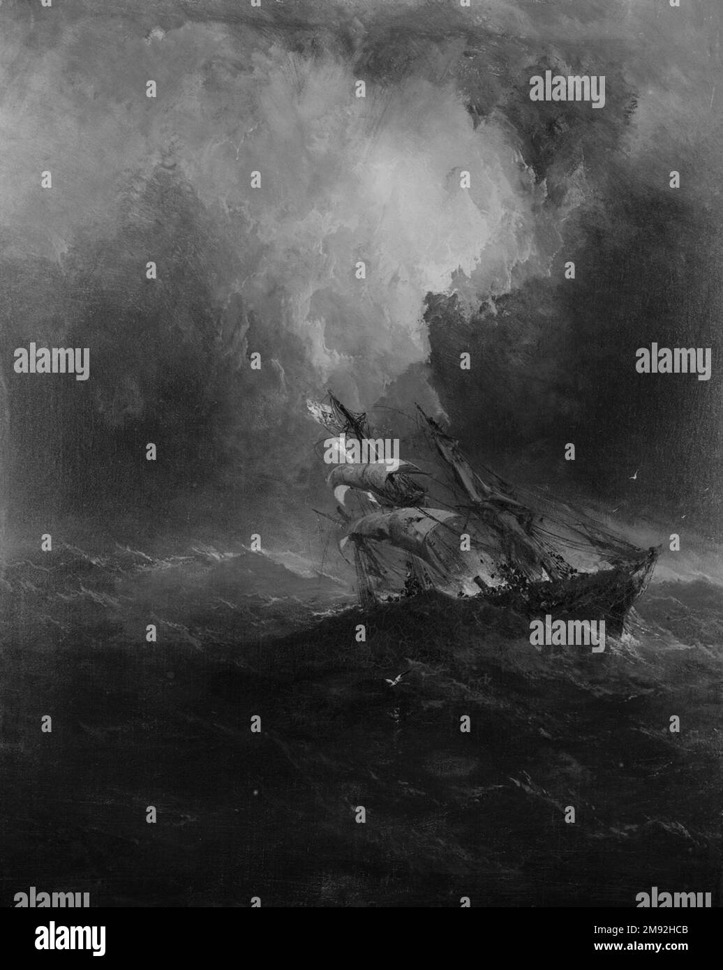 Foundering James Hamilton (American, 1819-1878). Foundering, 1863. Oil on canvas, 59 5/8 x 48 1/16 in. (151.5 x 122 cm).  As in his painting The Last Days of Pompeii, on view nearby, here James Hamilton depicts human frailty in the face of nature’s awesome force. Under dramatic skies a foundering ship is tossed on stormy waves. A Confederate flag whips from the top of the mast (upside down to signal distress), making the image emblematic of the ongoing devastation of the U.S. Civil War and predictive of the South’s defeat. American Art 1863 Stock Photo