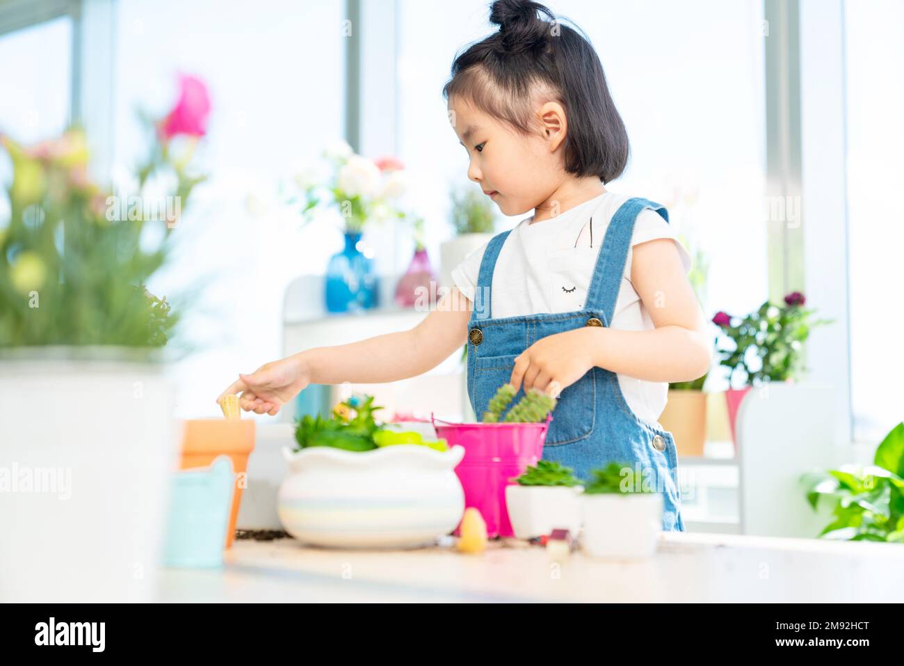 Happy little girl grow pot at home Stock Photo - Alamy