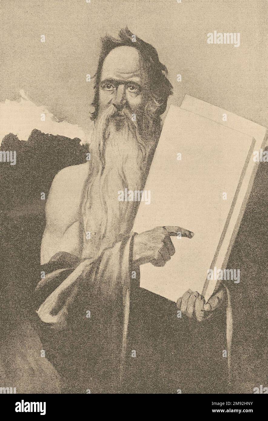 Illustration of Moses holding theTen Commandments from the Jewish Encyclopedia of Brockhaus and Efron ca.  unknown date Stock Photo