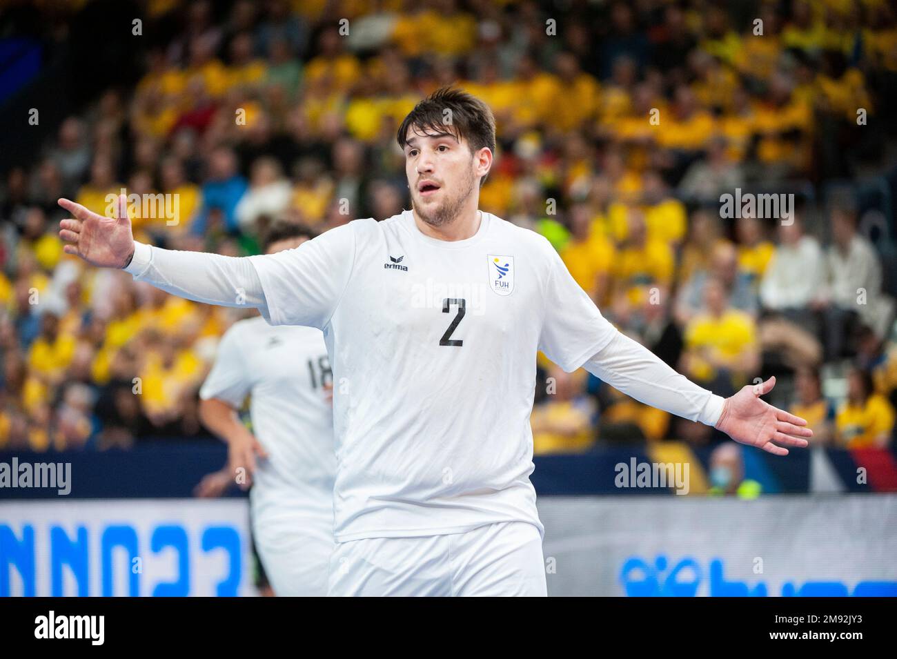 Gothenburg, Sweden. 16th Jan 2023. Gabriel Chaparro of Uruguay reacts during the 2023 IHF World Men’s Handball Championship game between Uruguay and Sweden on January 16th, 2023 in Gothenburg. Credit: Oskar Olteus / Alamy Live News Stock Photo