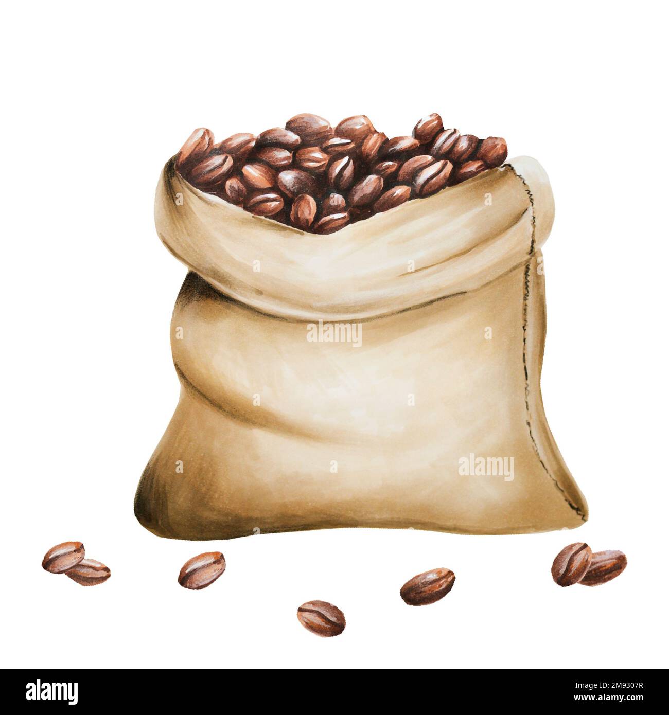 Watercolor illustration of jute coffee bag. Hand painting on a white ...