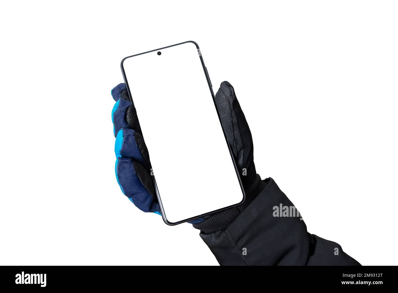 Winter mockup of a phone in a hand wearing a glove, for promoting app or web page design. Close-up Stock Photo