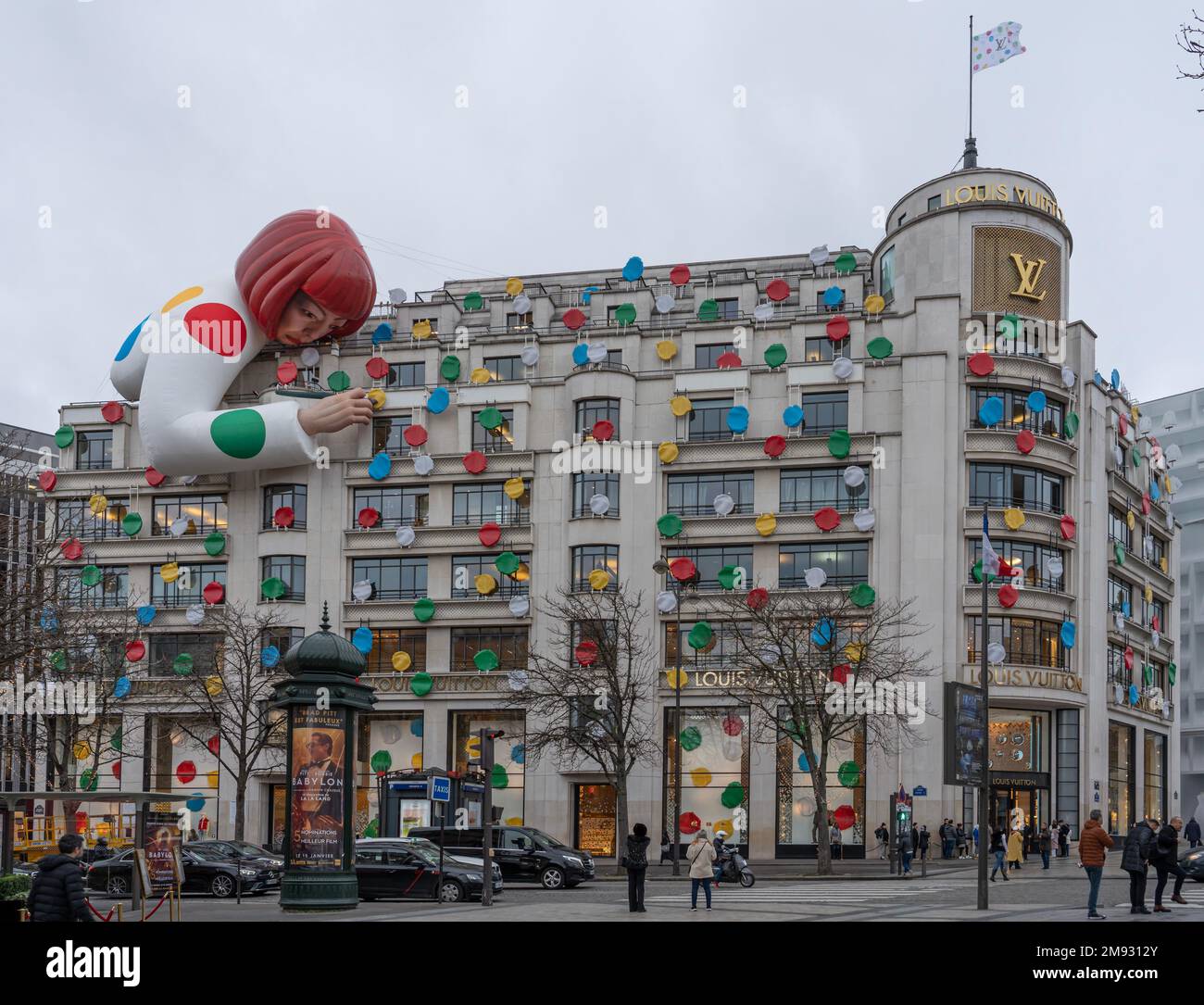 Avenue des Champs Elysees. View of the facade of Louis Vuitton with  decoration by a contemporary artist Stock Photo - Alamy