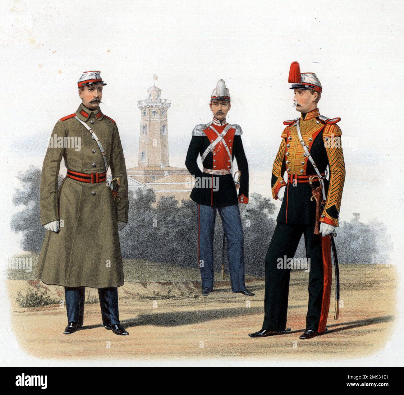 Life Guards Dragoon Regiment 1862. Private. (Travel uniform) Staff Officer. Trumpeter. (Dress uniform) Stock Photo