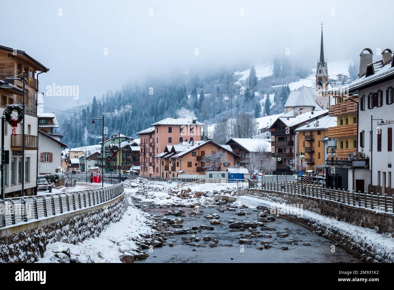 Moena, Dolomites, Italy, January 16th 2023. Fresh morning snow on