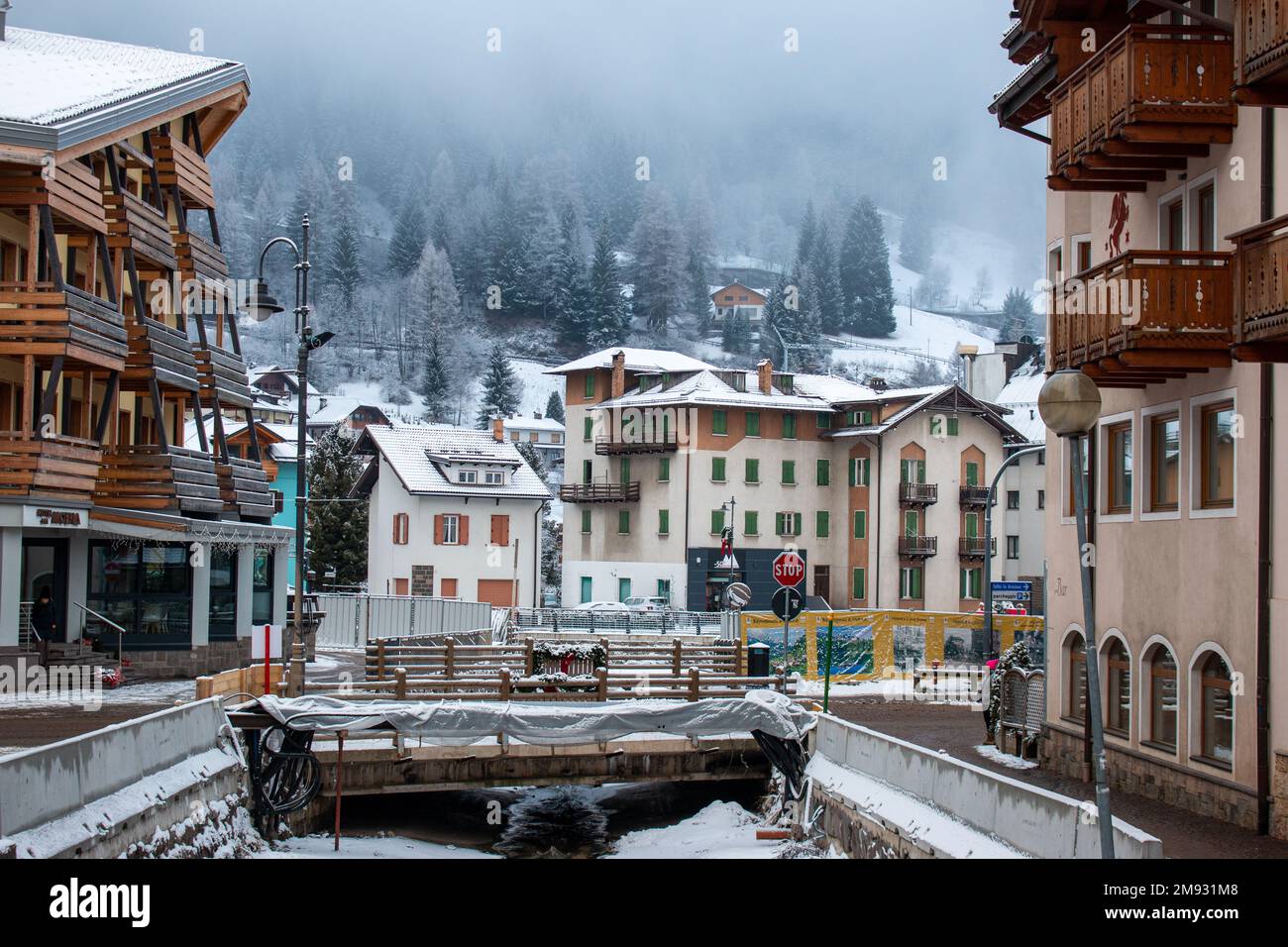 Moena, Dolomites, Italy, January 16th 2023. Fresh snow in the village
