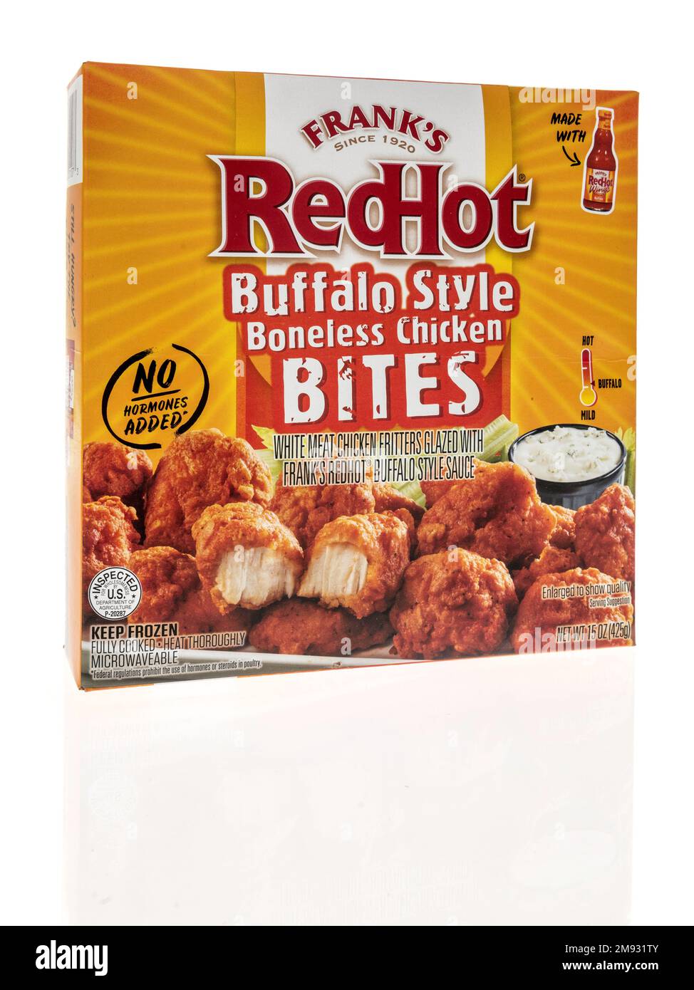 Winneconne, WI - 5 January 2023: A package of Franks redhot buffalo style boneless chicken bites on an isolated background. Stock Photo