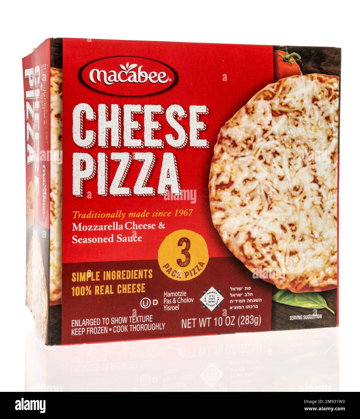 Winneconne, WI - 5 January 2023: A package of Macabee cheese pizza on an isolated background. Stock Photo