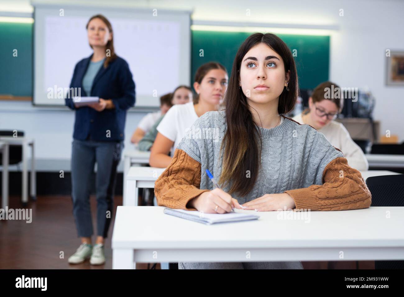 Female student sit at desk and makes notes Stock Photo