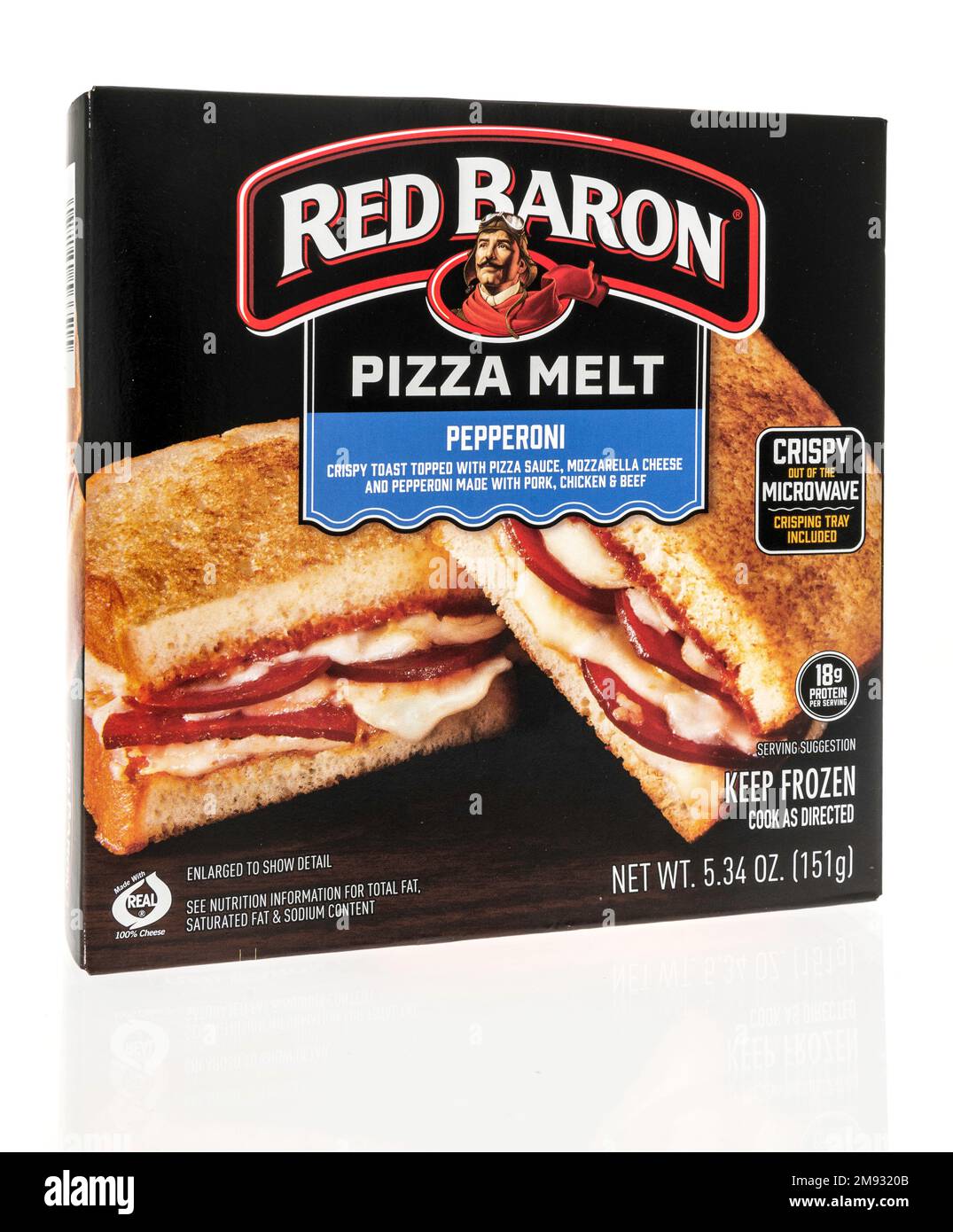 Winneconne, WI - 5 January 2023: A package of Red Baron pizza melt pepperoni pizza on an isolated background. Stock Photo