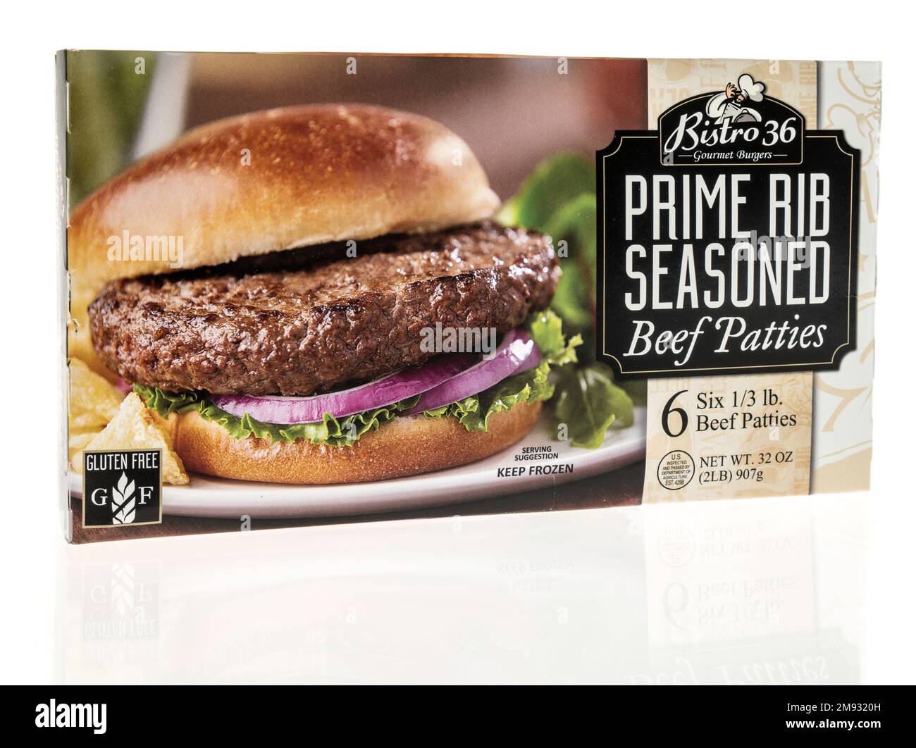 Winneconne, WI - 5 January 2023: A package of Bistro 36 prime rib seasoned beef patties on an isolated background. Stock Photo