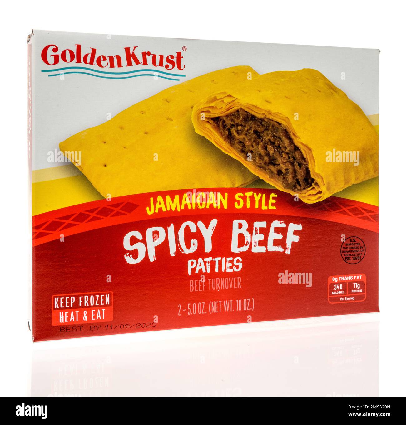Winneconne, WI - 5 January 2023: A package of Golden Krust Jamaican spicy beef patties on an isolated background. Stock Photo