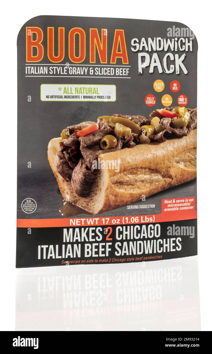 Winneconne, WI - 8 January 2023: A package of Buona Italian style gravy and sliced beef sandwich pack on an isolated background. Stock Photo