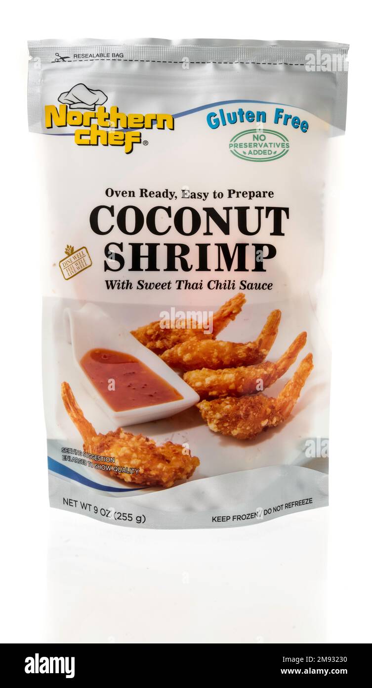Winneconne, WI - 8 January 2023: A package of Northern Chef coconut shrimp with sweet Thai chili sauce on an isolated background. Stock Photo