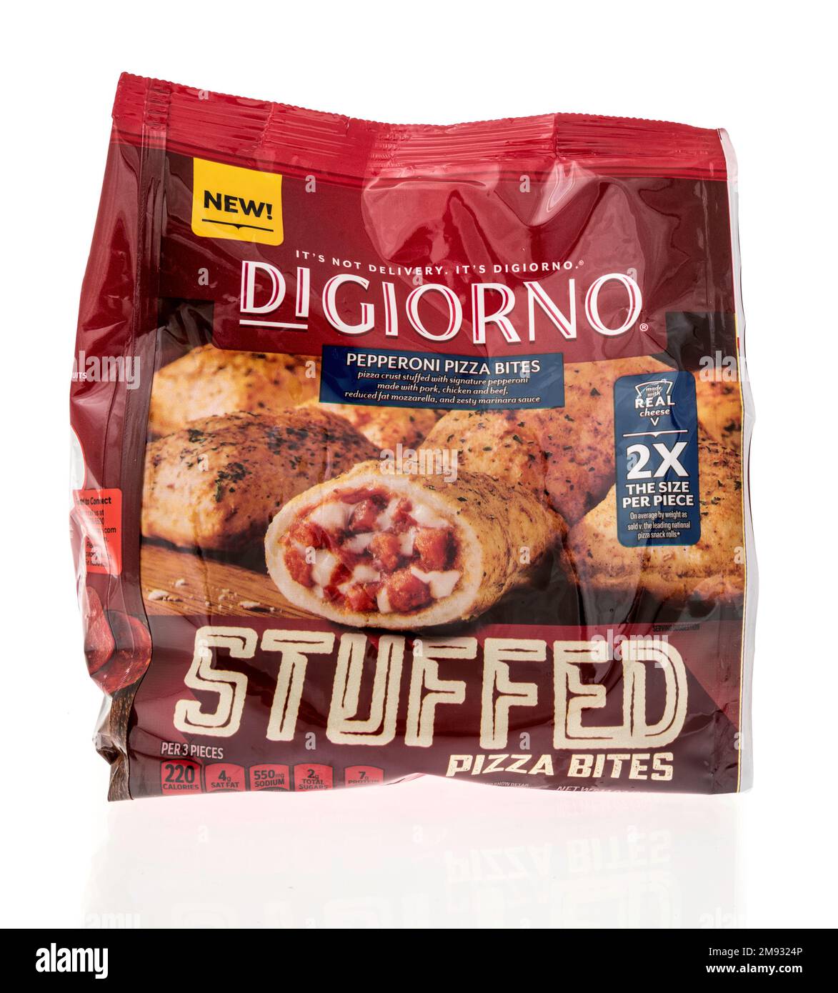 Winneconne, WI - 8 January 2023: A package of Digiorno stuffed pizza bites on an isolated background. Stock Photo