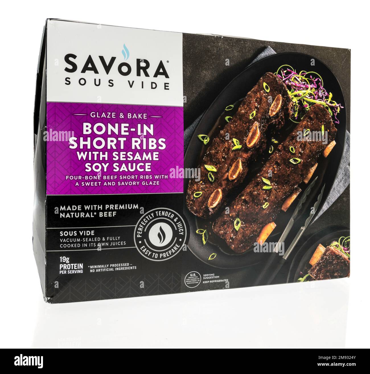 Winneconne, WI - 8 January 2023: A package of Savora sous vide bone in short rib with sesame soy sauce on an isolated background. Stock Photo