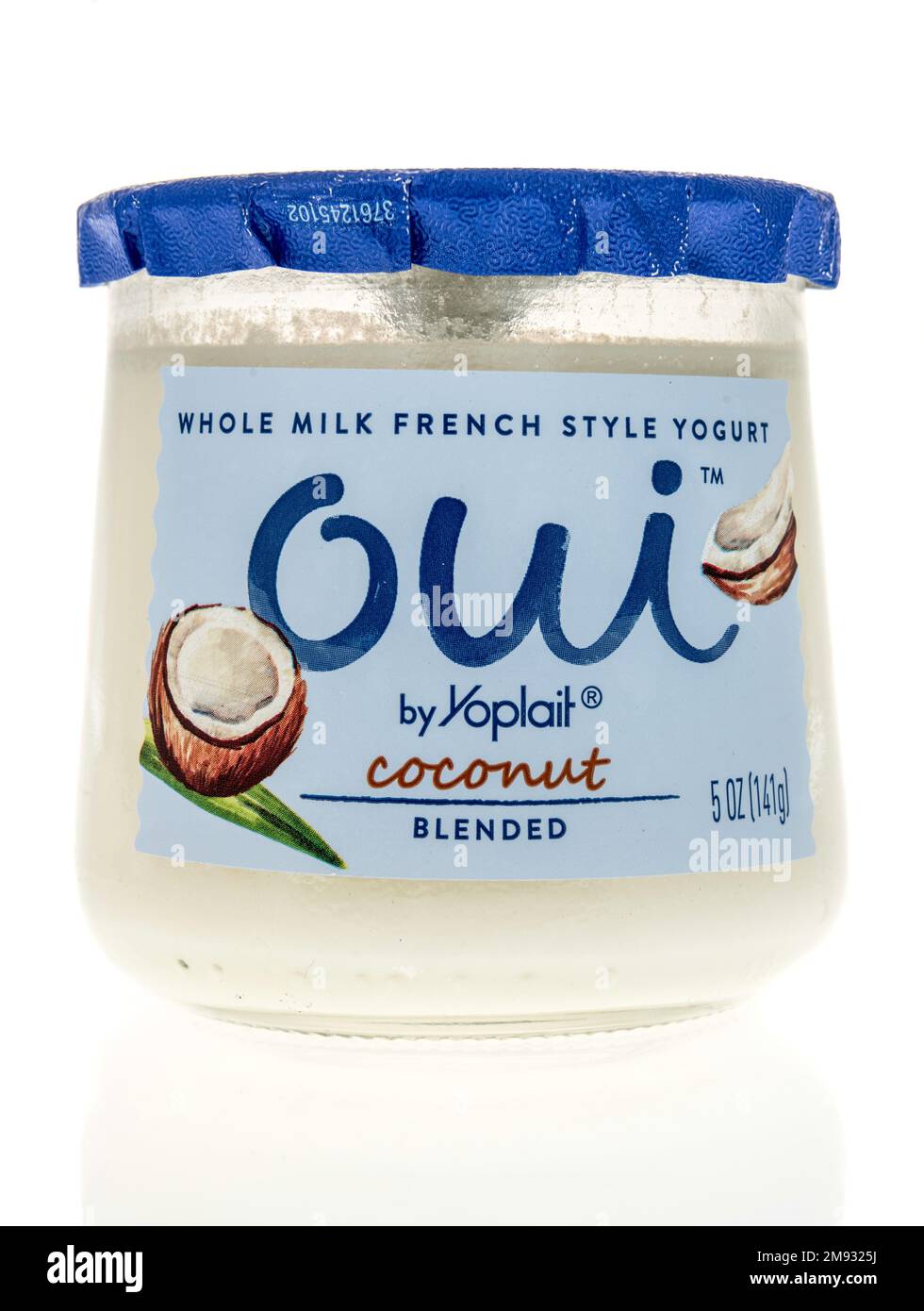 Winneconne, WI - 8 January 2023: A package of Oui whole milk French style yogurt with coconut yogurt on an isolated background. Stock Photo