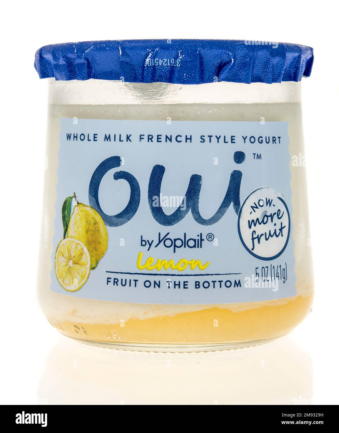 Winneconne, WI - 8 January 2023: A package of Oui whole milk French style yogurt with lemon yogurt on an isolated background. Stock Photo