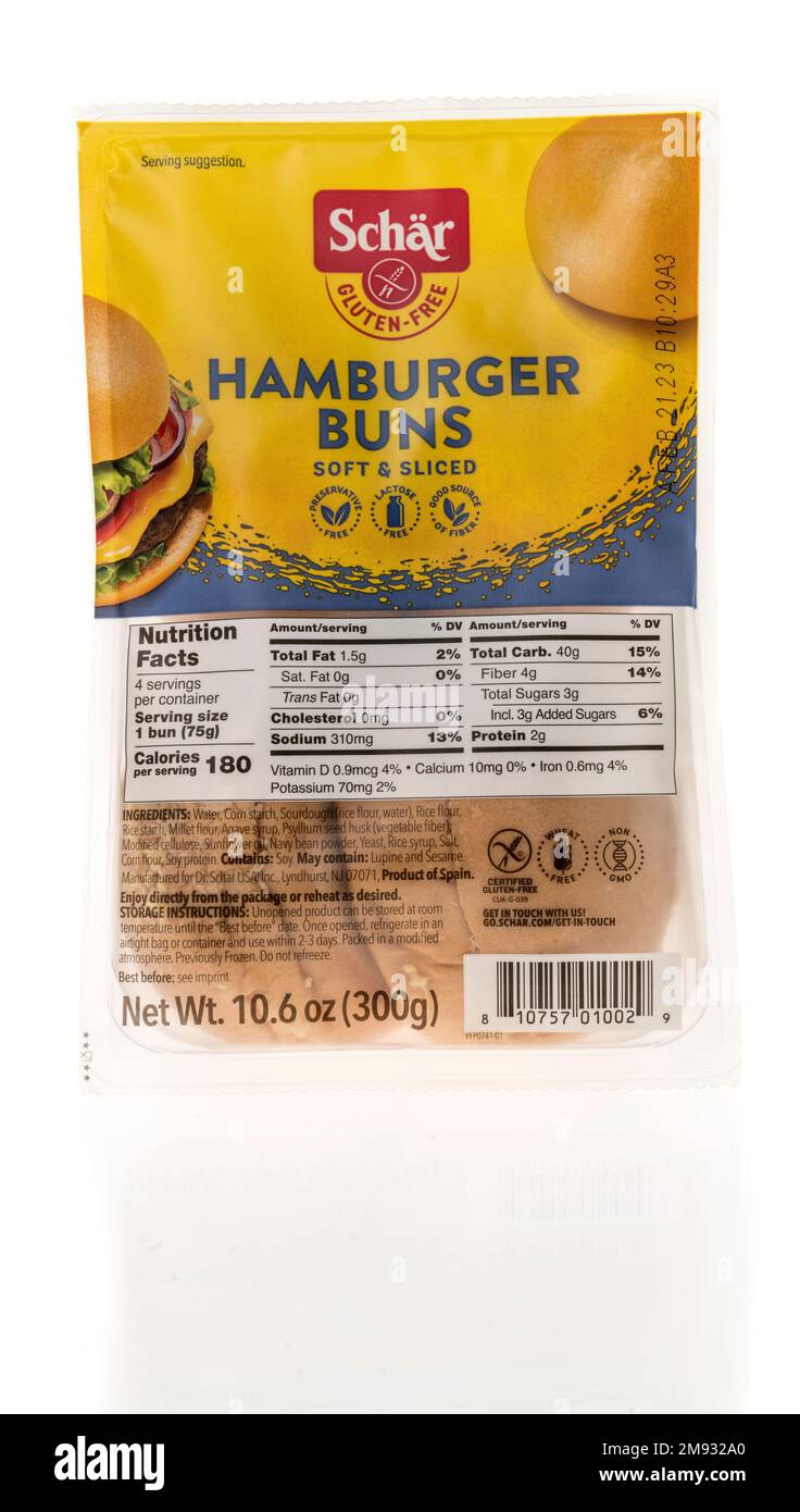Winneconne, WI - 8 January 2023: A package of Schar hamburger buns on an isolated background. Stock Photo