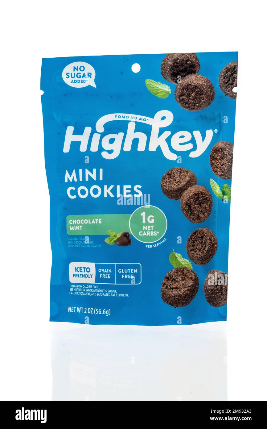 Winneconne, WI - 8 January 2023: A package of Highkey fomo no mo mini cookies on an isolated background. Stock Photo