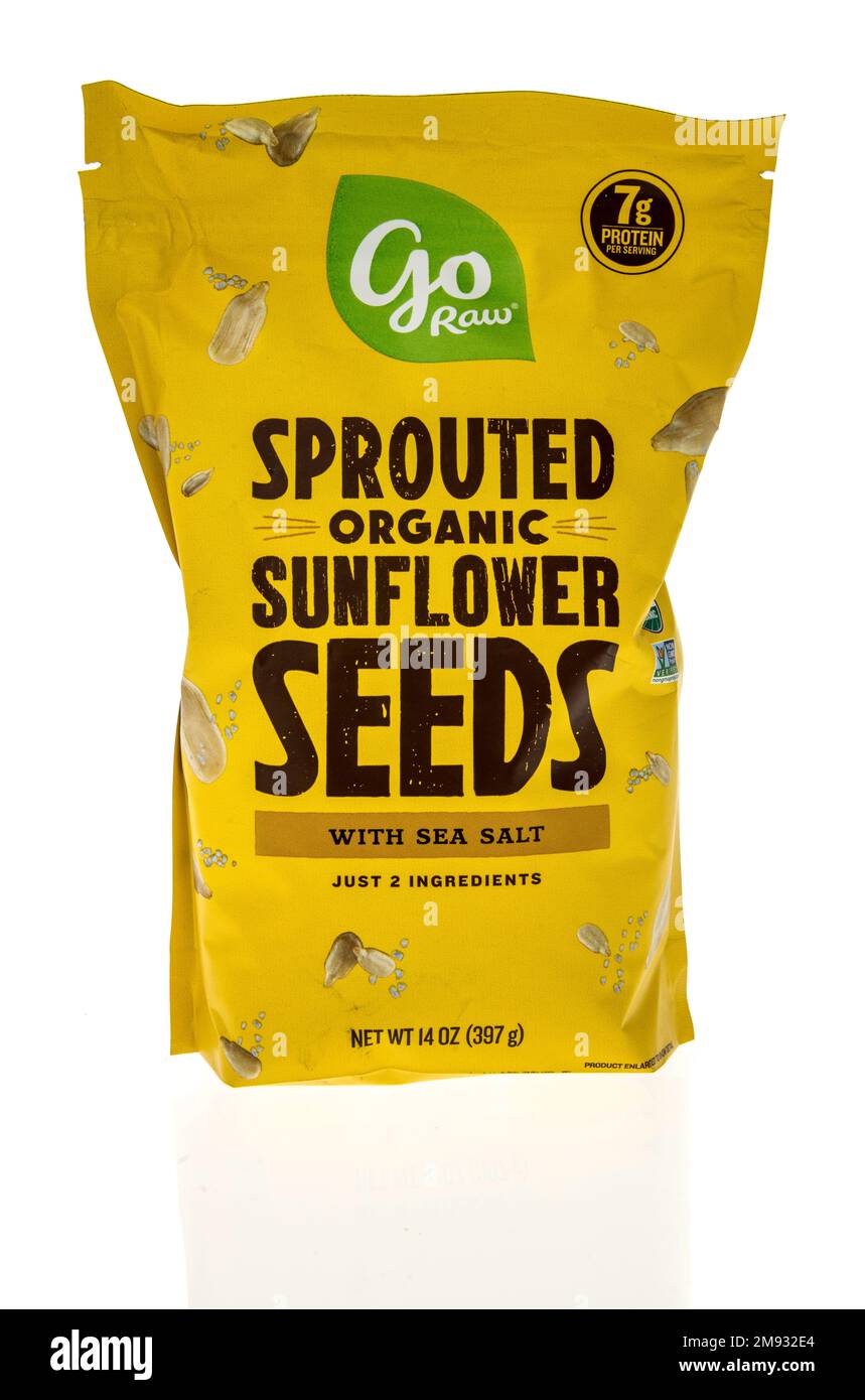 Winneconne, WI - 8 January 2023: A package of Go Raw sprouted organic sunflower seeds on an isolated background. Stock Photo