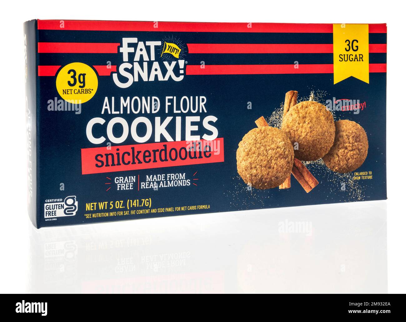 Winneconne, WI - 8 January 2023: A package of Fat Snax almound flour cookies snickerdoodle on an isolated background. Stock Photo